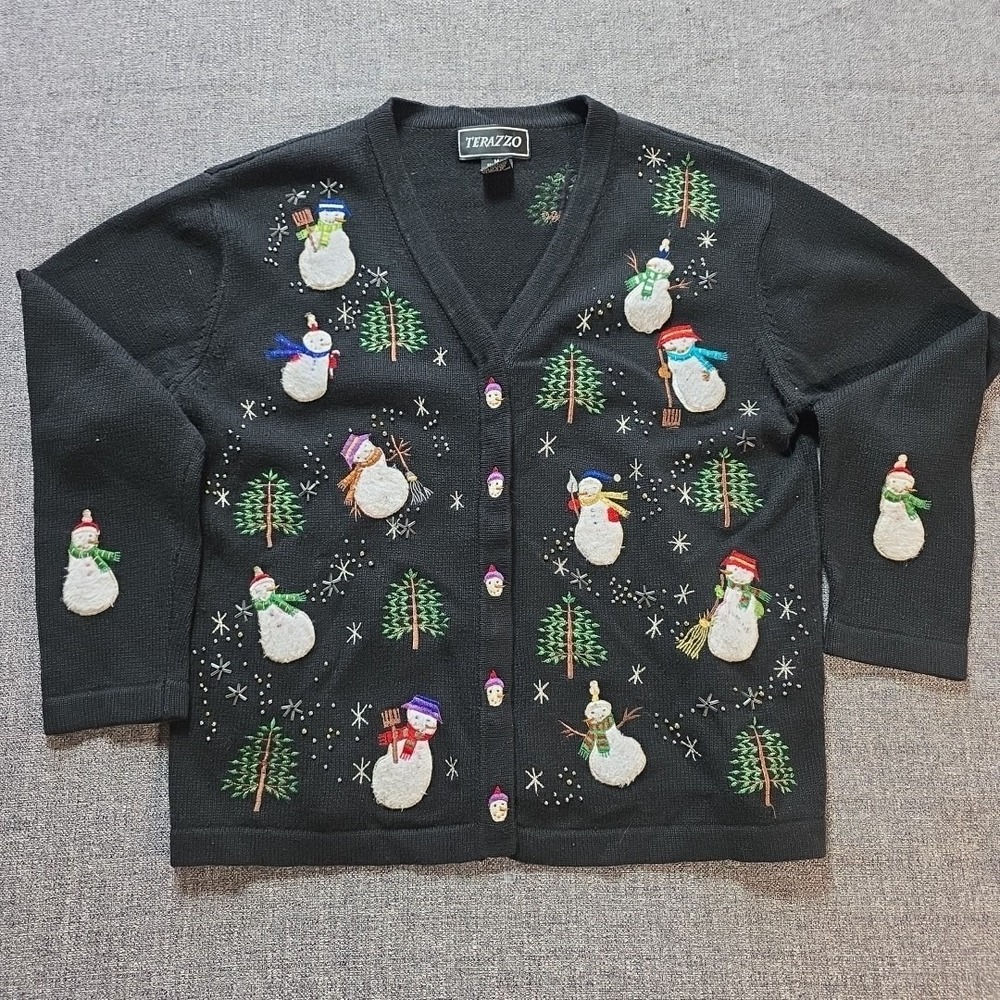 Terazzo Cardigan Womens Medium Snaps Embroidered Snowman Holiday Knit Christmas